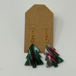Hand Made Acrylic Dangle Earrings Red Green White Gold Christmas Trees 2.5"